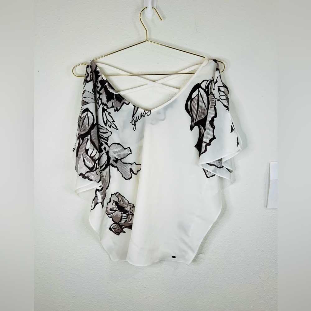 Guess Women’s Small Floral Print Off-Shoulder Blouse White Criss-Cross Back Top